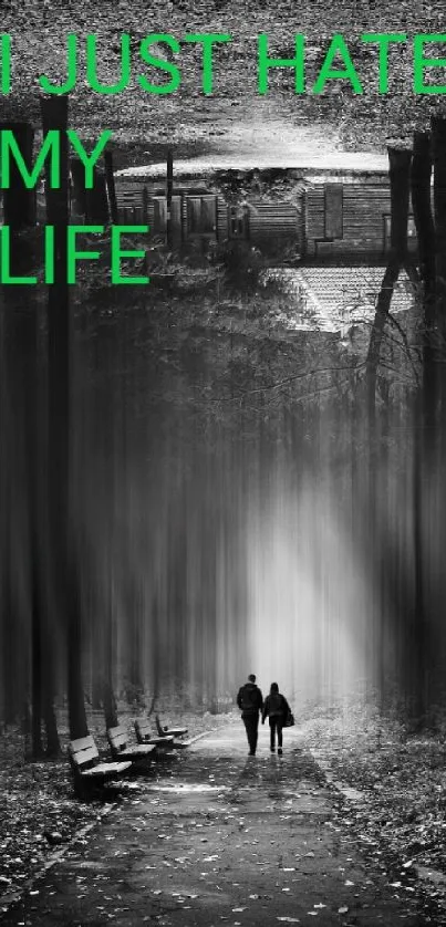 Moody forest pathway with mist in black and white.