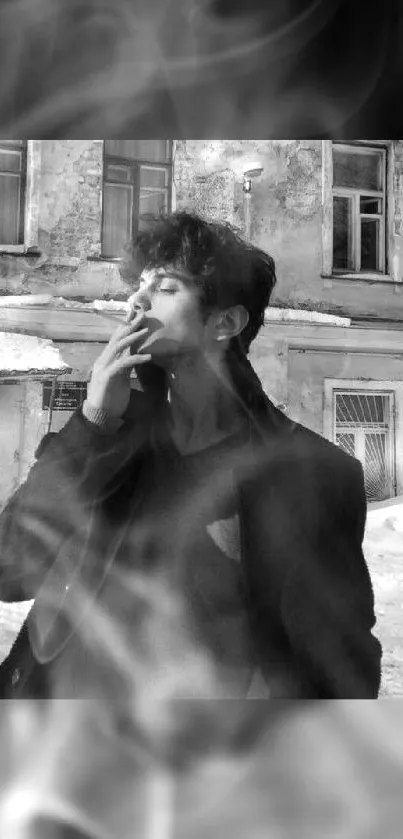 Black and white image of a person in an urban setting with smoke.