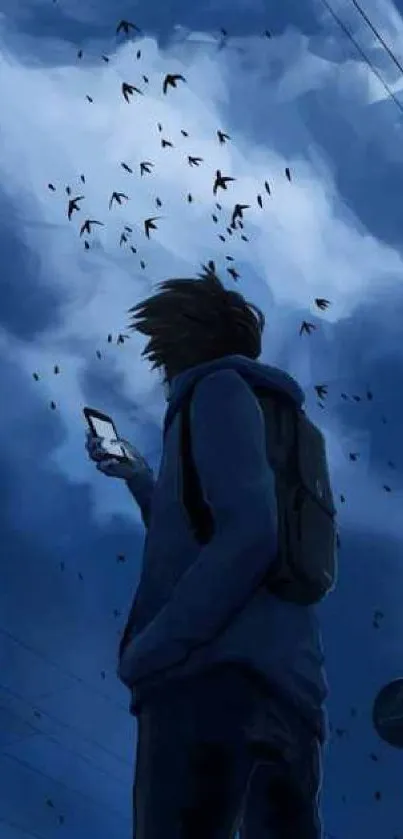 Silhouette under a blue night sky filled with birds, holding a mobile device.