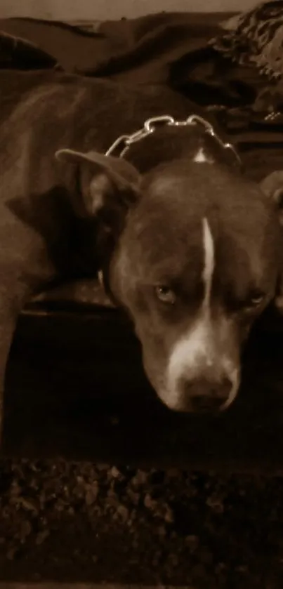 A moody brown dog with a chain collar lying down in sepia tone.