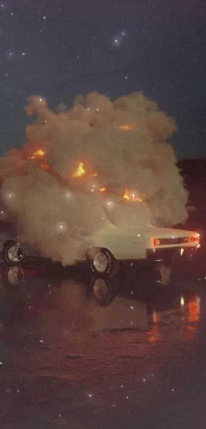 Car engulfed in flames with dramatic night backdrop.