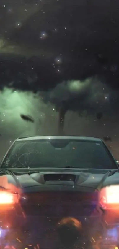 Dramatic car with glowing headlights under a stormy sky.