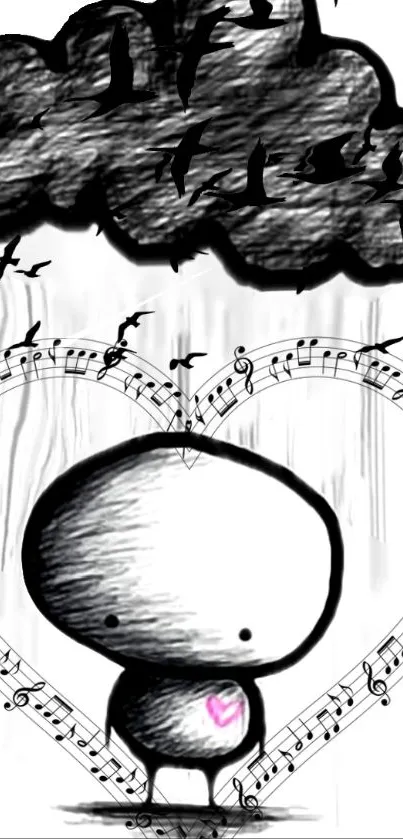 Whimsical cartoon character under a rainy cloud with musical notes.