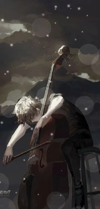 Moody cello player against a dark, dramatic backdrop.