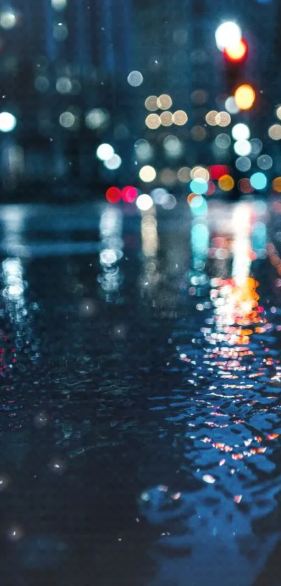 Moody city night scene with vibrant, colorful reflections on wet street.