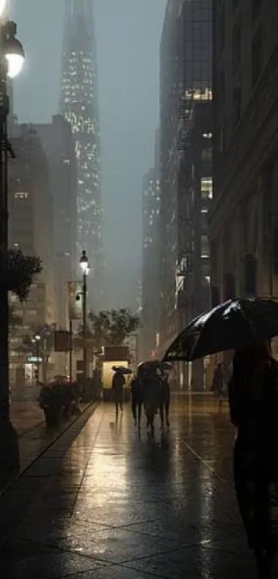 Umbrella silhouette on a rainy city street at night with glowing skyscrapers.