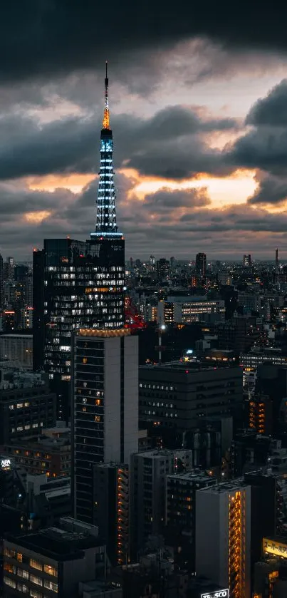 Moody cityscape with dark clouds at dusk showcasing illuminated skyline.