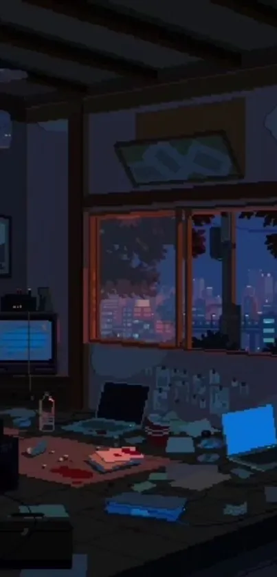 Cozy tech room with city view at night wallpaper.