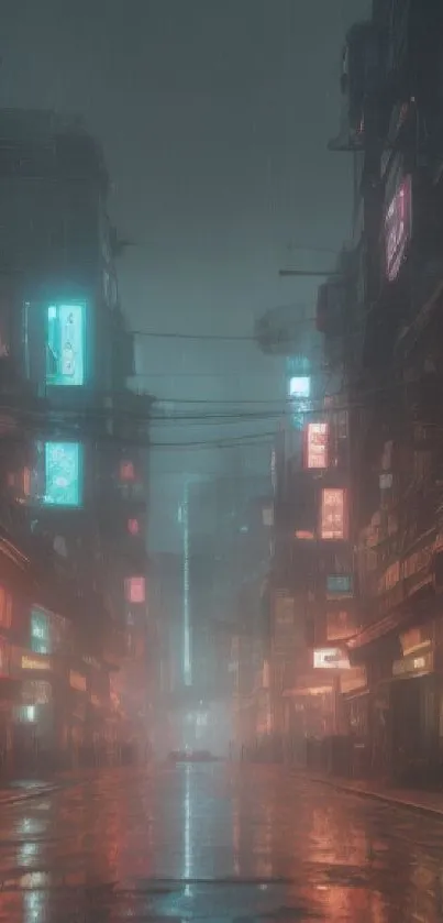 Moody cyberpunk street with neon lights at night.