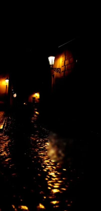 Wallpaper of a dimly lit cobblestone alley at night with warm street lights.