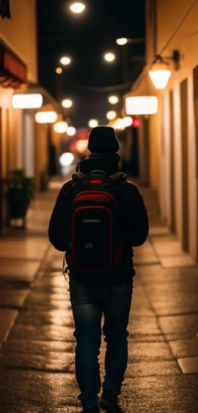 Person walking alone in a dimly lit urban street at night.