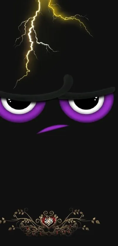 Dark mobile wallpaper with purple eyes and lightning bolt.