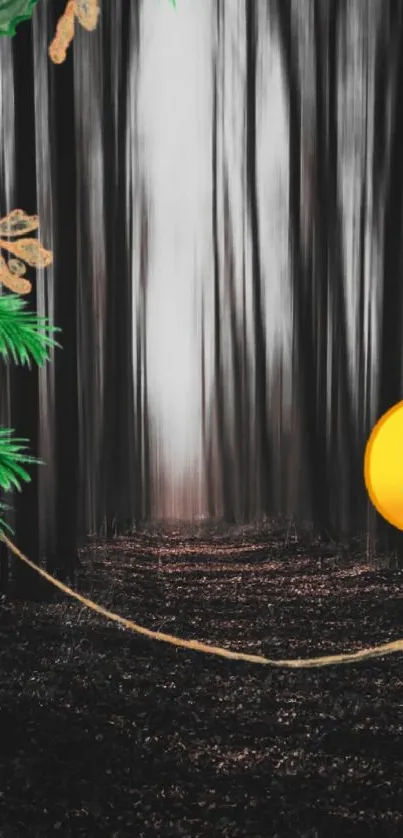 Moody forest with decorations and emoji on mobile wallpaper.