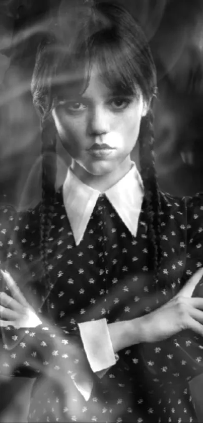 Gothic style phone wallpaper with a moody, mysterious character in black and white.