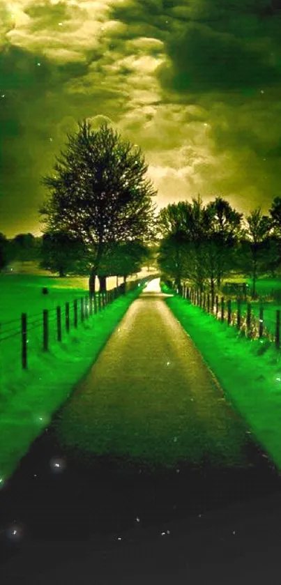 Moody green landscape with a path and dramatic clouds.