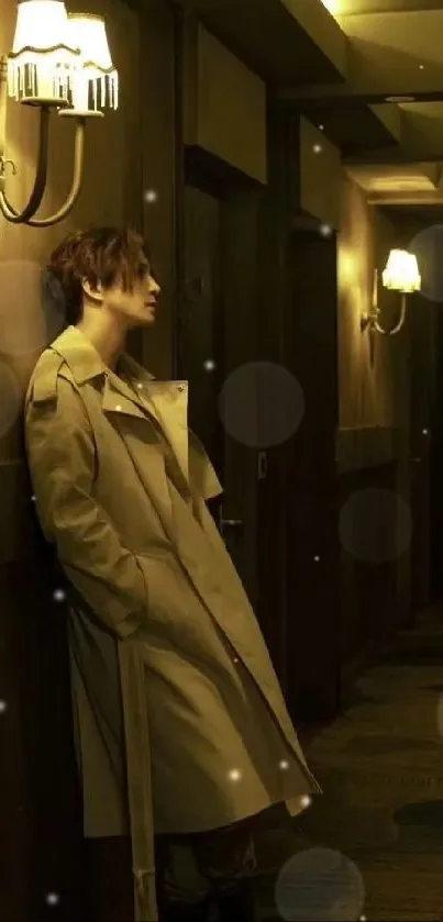 Moody corridor with dim lights and a mysterious figure in a trench coat.