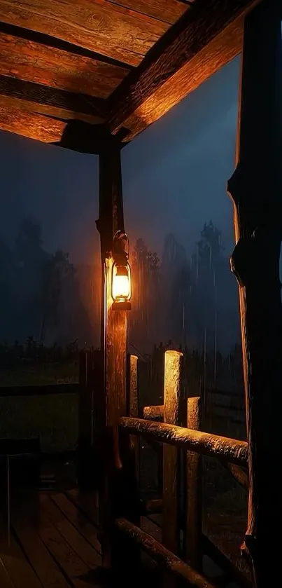 Rustic lantern on a wooden porch at twilight with a dark blue sky.