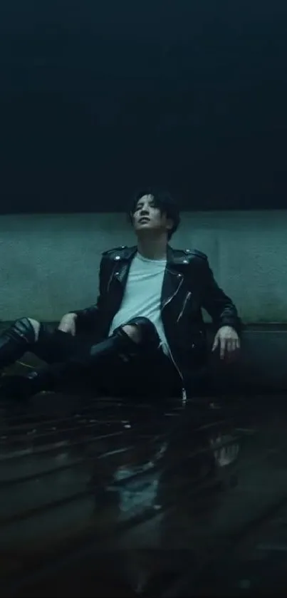 Person in leather jacket sitting in moody, dimly lit setting.