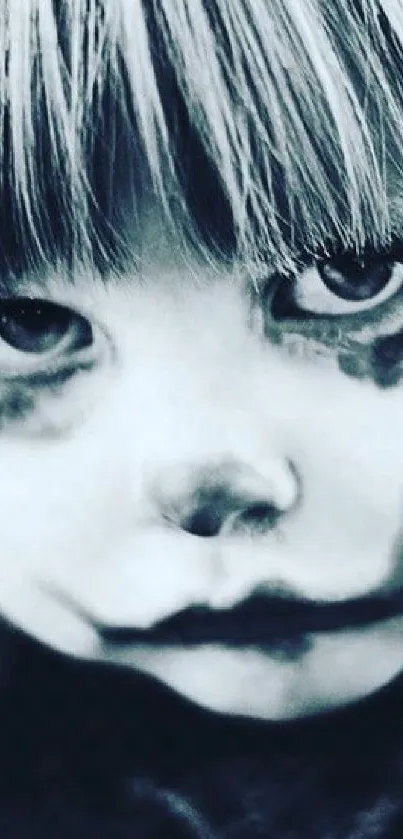 Moody monochrome portrait of a child with dark makeup.