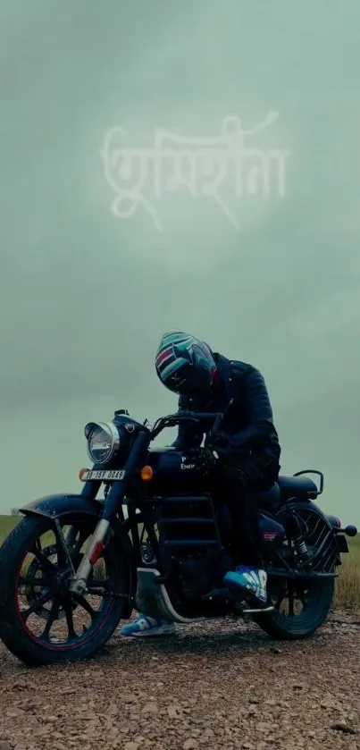 Moody motorcycle rider on open road under overcast sky.