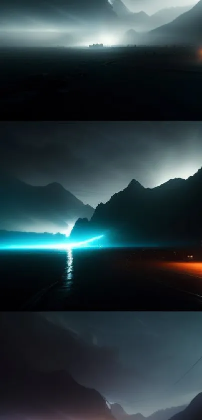 Moody mountain landscape with neon light accents.