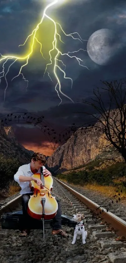 Musician playing cello on railway under stormy sky with lightning and full moon.