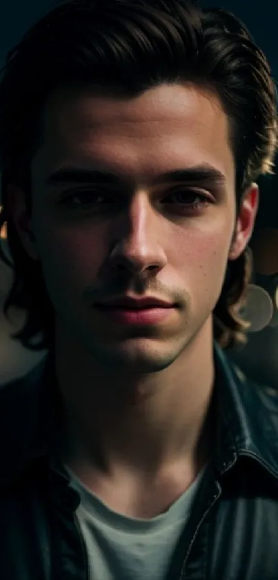 Portrait with dark moody ambiance and soft bokeh lighting at night.