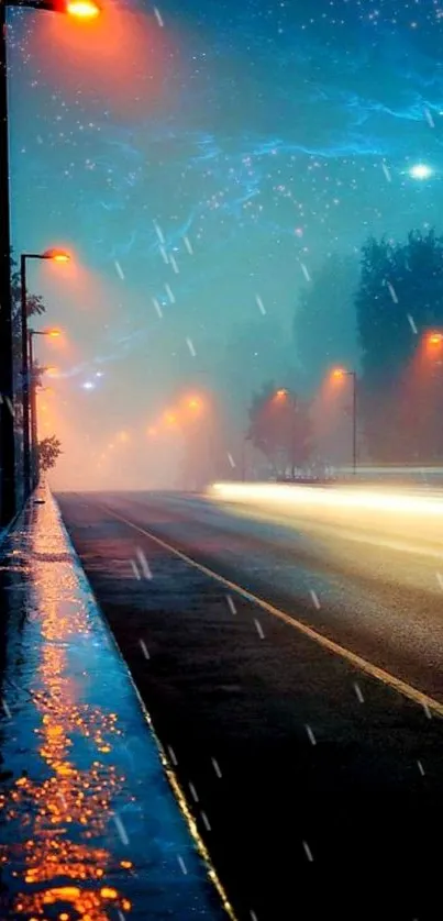 Moody street with rain and glowing lights at night.