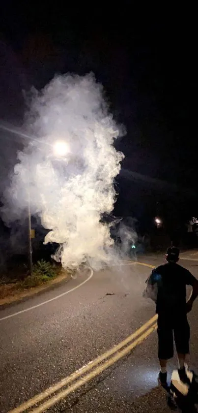 Silhouette on a smoke-filled night road under streetlights.