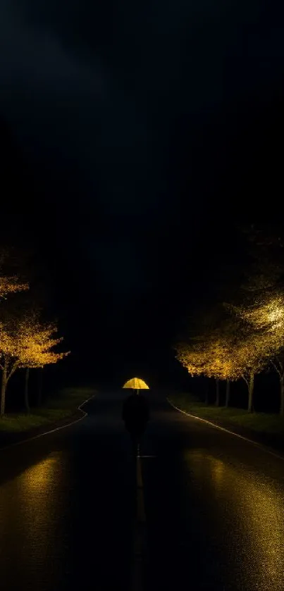 Night road scene with umbrella and warm lights.