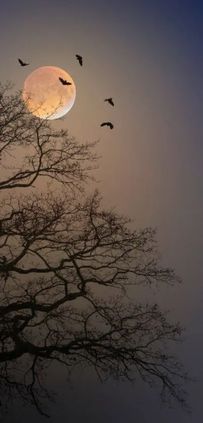 Moody night sky with moon, tree silhouette, and birds in flight.