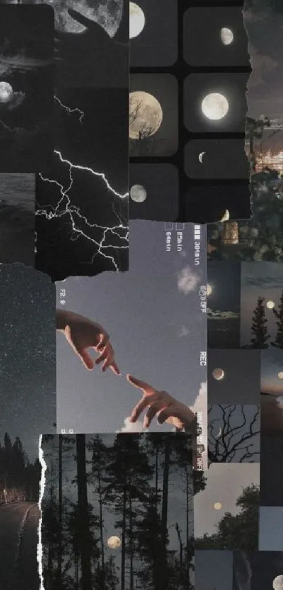 Collage of moody night skies with celestial elements showcasing moons and stars.