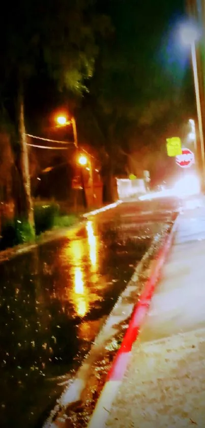 Moody night street with rain reflections and glowing lights.