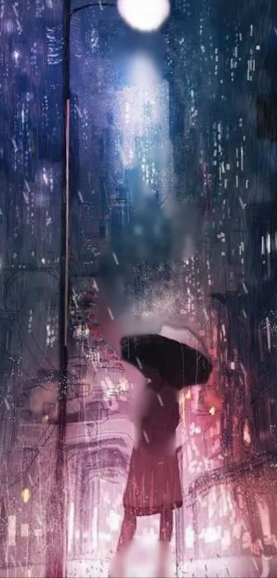 Silhouette under an umbrella in a rainy night cityscape with glowing lights