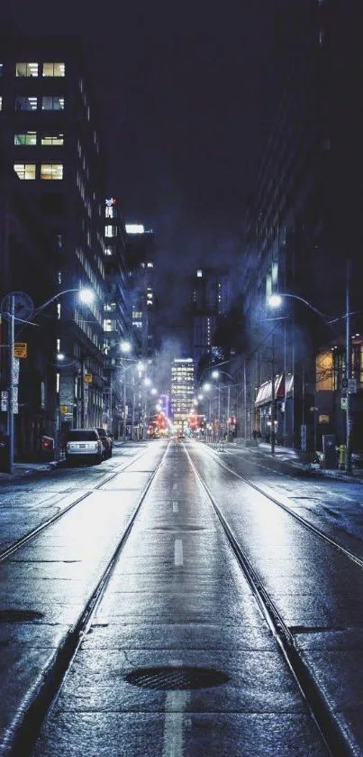 Moody city street at night with reflections and urban lights.