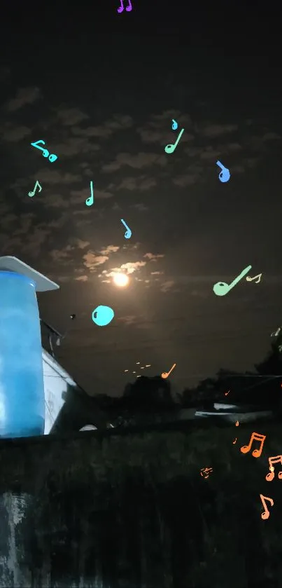 Urban night scene with moonlit sky and rooftop foliage.