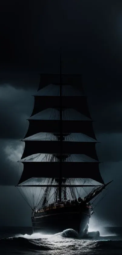 A majestic ship sails through a dark, stormy ocean at night.