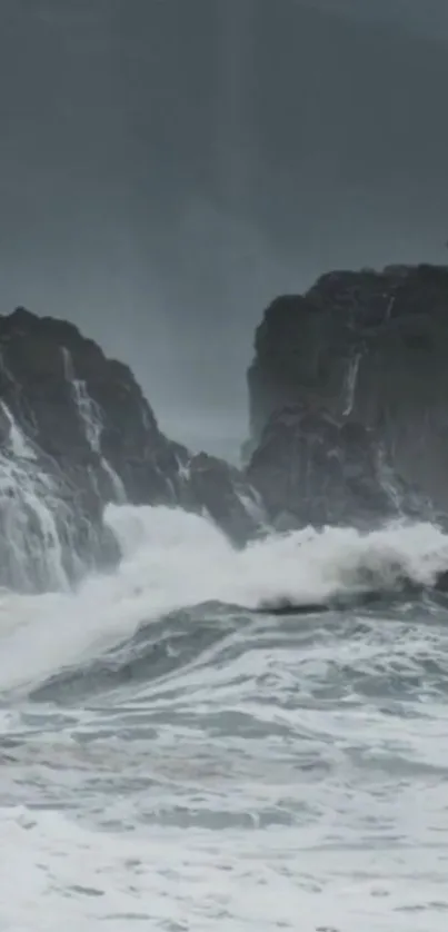 Crashing ocean waves on rugged cliffs, a stunning nature scene.