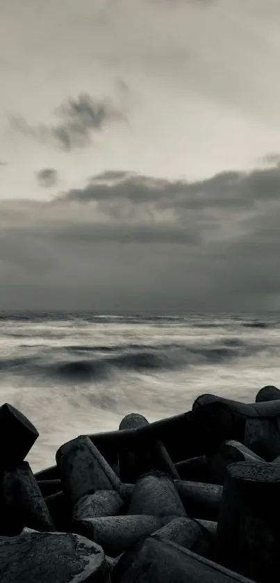 Moody black and white coastal storm scene.