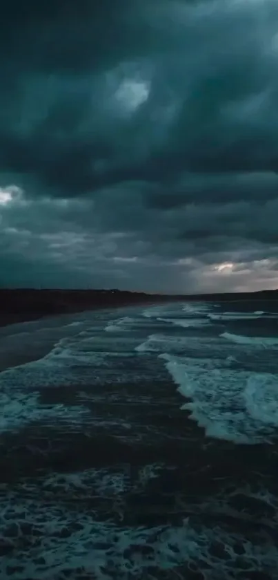 Moody ocean waves under dark clouds create a serene mobile wallpaper.