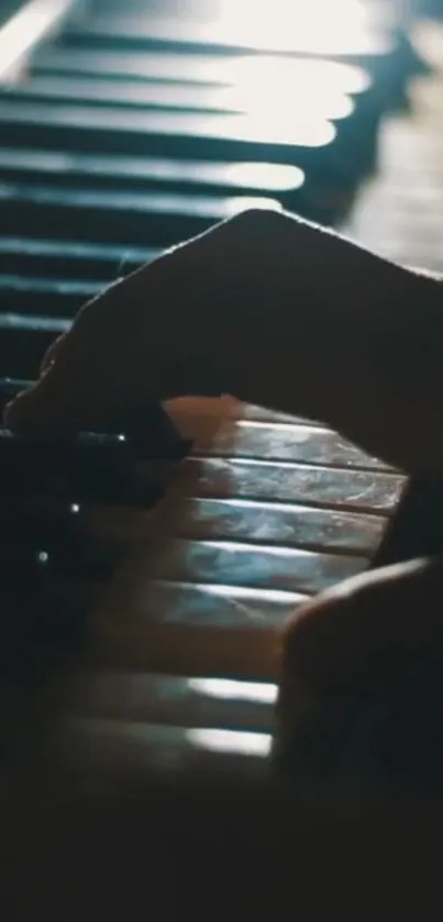 Close-up of piano keys with moody lighting, creating a dramatic visual effect.