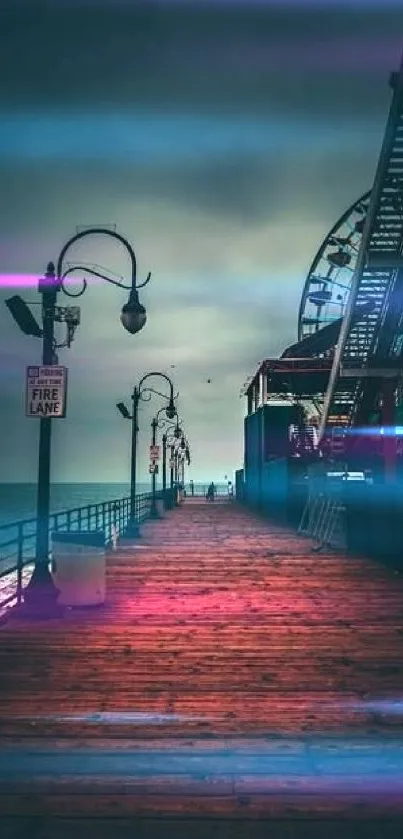 Moody pier with red boardwalk under a dark sky.