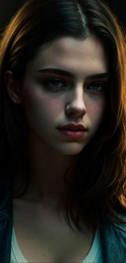 Moody portrait of a young woman with dramatic lighting, ideal for mobile wallpaper.