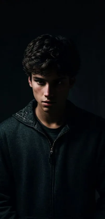 Moody portrait of a young person in a dark setting, perfect for mobile wallpaper.