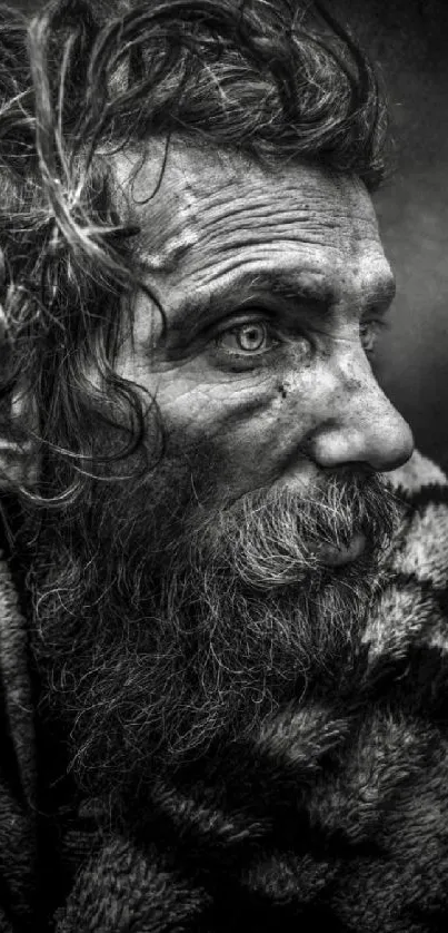 Black and white portrait of an elderly man with a textured blanket.