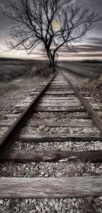 Moody railway track under a solitary tree at sunset.