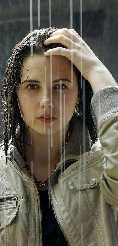 Woman with wet hair and jacket under rain in a moody portrait.