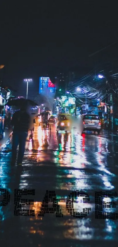 Rainy city street with lights reflecting on wet pavement at night.