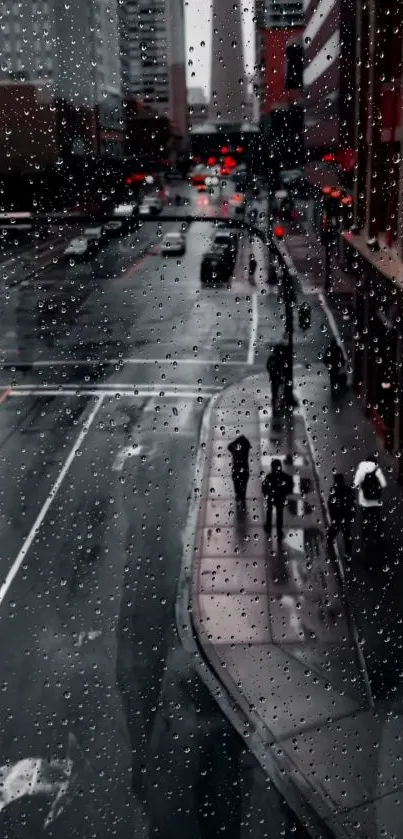 Rainy cityscape with raindrops on a window.