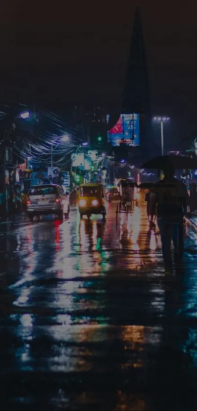 Moody urban street at night with rain reflections.